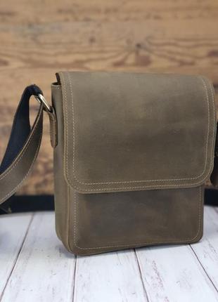 Мужская кожаная сумка  gs c декоративной строчкой 23*20*7 см оливковая
