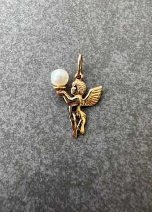 Подвеска золото 585, кулон ангел золото, золотая подвеска, кулон с жемчугом 585,
