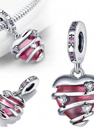 Намистина пандора "ряд рожевих сердець", срібний шарм pandora, рожева бусина на браслет4 фото