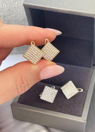 Сережки медсплав і родій, фіаніти камінці ромби