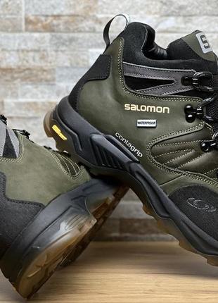 Спортивні шкіряні черевики, кросівки термо salomon contagrip gore-tex olive