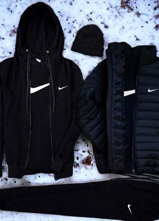 5в1 💯флис комплект с курткой чоловічий спортивний комплект nike (худи на змейке+штаны+футболка+кепка+куртка