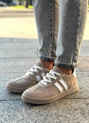 Бежеві/чорні якісні натуральні замш шкіряні кеди в стилі adidas 36-40