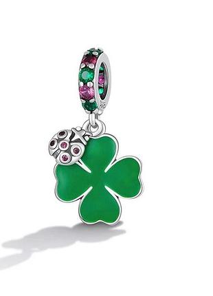 Серебрянная подвеска шарм "клевер и божья коровка"