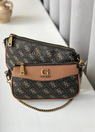 Сумка женская кросс-боди guess оригинал nell double pouch crossbody коричневая гесс кросс боди4 фото