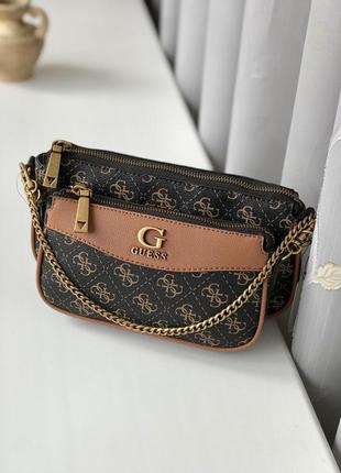 Сумка женская кросс-боди guess оригинал nell double pouch crossbody коричневая гесс кросс боди2 фото