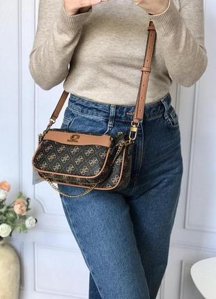 Сумка женская кросс-боди guess оригинал nell double pouch crossbody коричневая гесс кросс боди6 фото