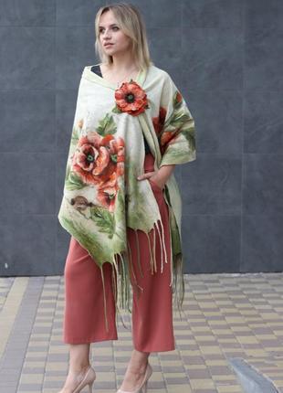 Валяний комплект "помаранчові маки" : палантин+ брошка+ сумка-мак