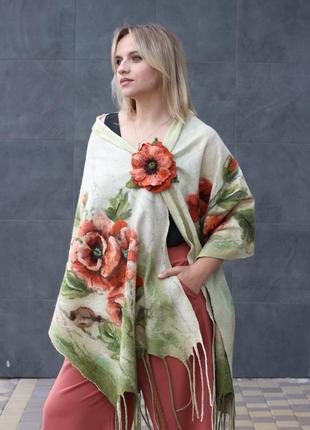 Валяний комплект "помаранчові маки" : палантин+ брошка+ сумка-мак