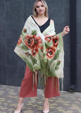 Валяний комплект "помаранчові маки" : палантин+ брошка+ сумка-мак