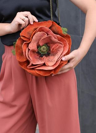 Валяний комплект "помаранчові маки" : палантин+ брошка+ сумка-мак