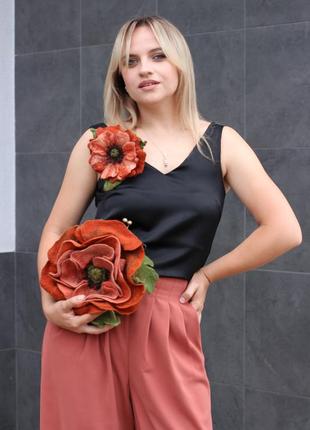 Валяний комплект "помаранчові маки" : палантин+ брошка+ сумка-мак