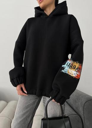 Худи женский теплый на флисе, оверсайз, кофта с капюшоном, с принтом на рукаве, черный