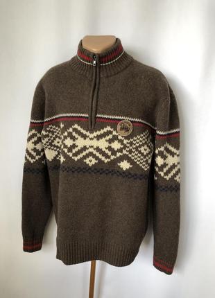 Тёплый толстый винтажный свитер шерсть коричневый с орнаментом горловина на молнии