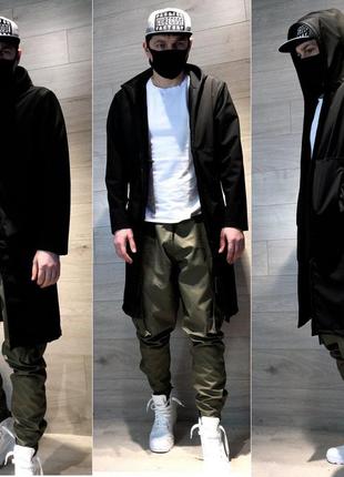 Чоловіча подовжена куртка softshell утеплена мікрофлісом якісна куртка парка демі весна осінь пальто з капюшоном спортивна чорна