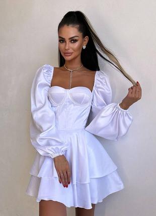 Атласное корсетное платье бюстье с пышной юбкой, платье мини с корсетом и объемными рукавами, корсетное платье с чашками
