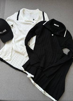 Женский молочный костюм с черной окантовкой - кофта с воротником поло + юбка мини