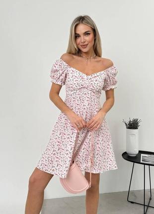 Нежное летнее платье с открытыми плечами короткое, белое (размеры 42, 44, 46, 48)