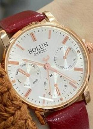 Жіночий наручний годинник bolun 2805 red-white зі шкіряним ремінцем червоні с білим