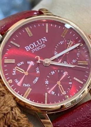 Жіночий наручний годинник bolun 2805 red-red зі шкіряним ремінцем червоні