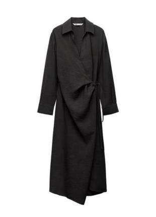 Платье черное длинное на запах с воротником длинным рукавом размер xs zara