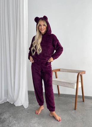 Домашній костюм із вухами на капюшоні тканина двостороння махра тепла жіноча піжама для сну колір бордовий