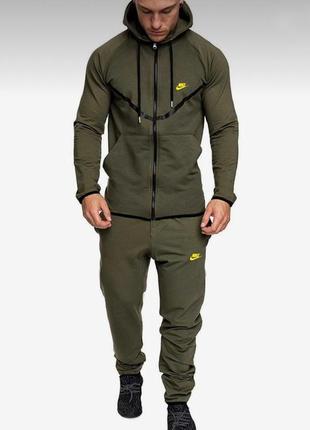 Зимний теплый мужской спортивный костюм на флисе хаки nike tech fleece