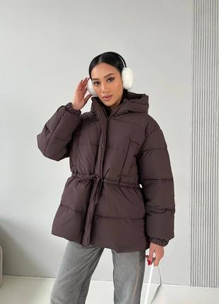 Куртка пуховик зима коричневая шоколад на кулиске теплая с капюшоном