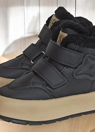 Зимові черевики хайтопи утеплені на овчині для хлопчика підлітка чорні 11368 32,33,34,35,36,37