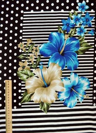 Отрез 1м. ткань ангора горох полоска – цветок сине-голубой и розовые на черном