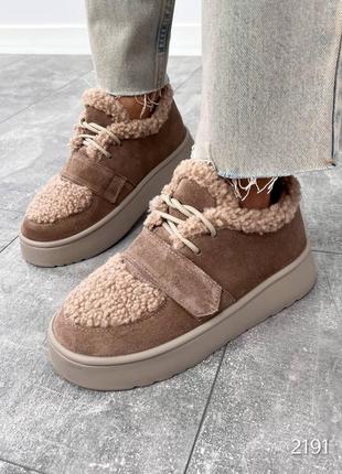 Ботинки женские зимние из натуральной замши и мех teddy, кроссовки на шерсти, зимние женкк...