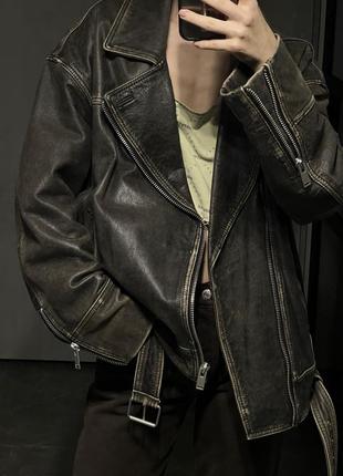 Кожаная винтажная коричневая куртка зара zara