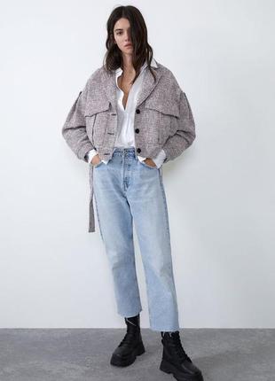 Твідова куртка zara/куртка з поясом на ґудзиках/бомбер овер твід