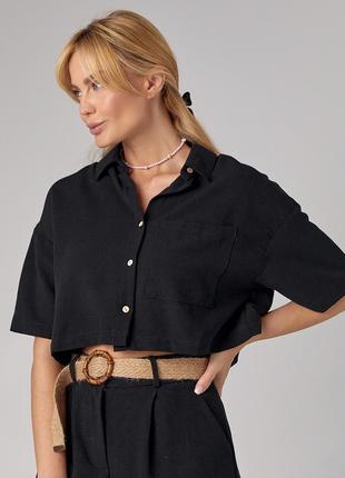 Жіноча льняна сорочка вкорочена - чорний цвет, l (є розміри)
