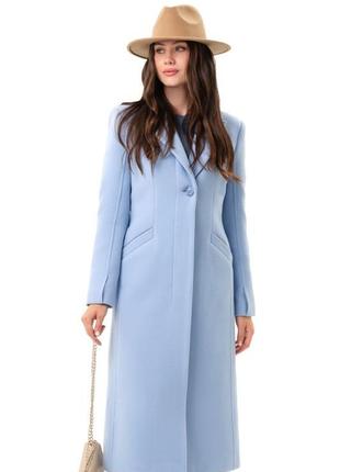 Пальто женское длины миди, демисезонное, приталенное, элегантное, кашемировое, шерстяное, голубое