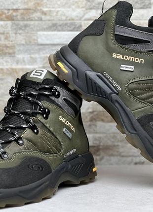 Спортивные кожаные ботинки, кроссовки термо salomon contagrip gore-tex olive