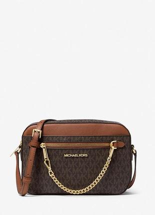 Сумка женская michael kors оригинал jet set large logo crossbody bag коричневая в лого кросс боди8 фото