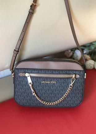 Сумка женская michael kors оригинал jet set large logo crossbody bag коричневая в лого кросс боди1 фото