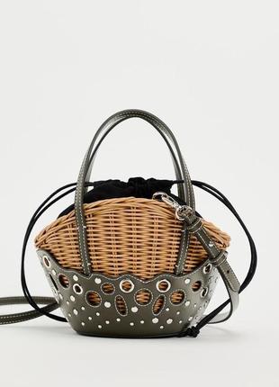 Женская плетеная сумка корзина комбинированная zara цвет хаки и бежевый
