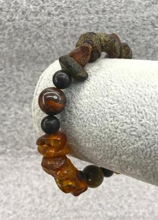 Мужской браслет янтарь шунгит тигровый буйволиный ястребивной глаз природные камни l-20 см