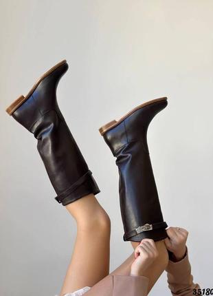 ▪️ботинки в стиле hermes женские кожаные сапоги трубы сапоги пряжка низкий ход танкетка коричневые шоколад весна осень натуральная кожа