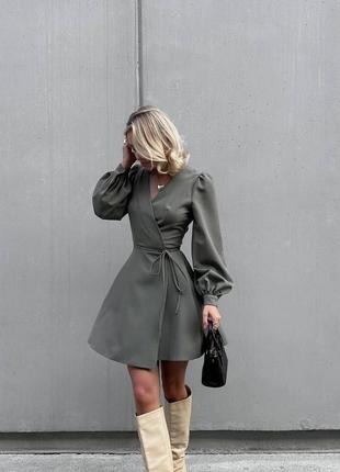 Женское короткое платье пышный низ стильное на запах подчеркивает фигуру длинный рукав сетка черный, хаки5 фото