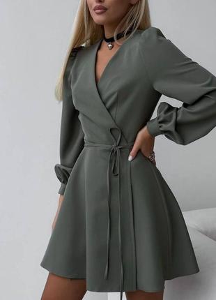 Жіноча коротка сукня стильна пишний низ на запах підкреслює фігуру довгий рукав чорний, хакі2 фото