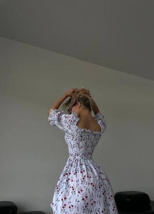 Муслінова коротка сукня з квітковим принтом з резинкою в корсеті з четвертними рукавами ліхтариками на резинці9 фото