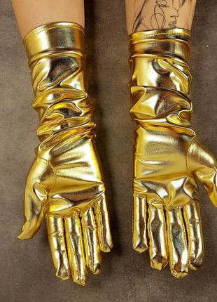 Довгі рукавички 40см до ліктя косплей  блискучі, карнавальні, щільні (золото)2 фото