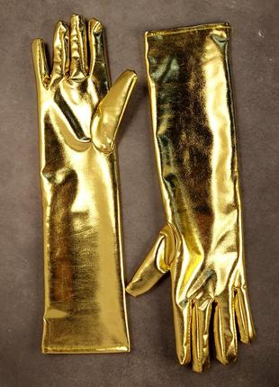 Довгі рукавички 40см до ліктя косплей  блискучі, карнавальні, щільні (золото)3 фото