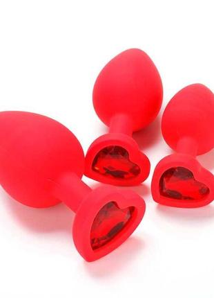 Набір силіконових анальних пробок "сердечко" з кристалом - червоний - 3 шт (s/m/l) - анальні іграшки