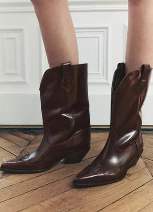 Кожаные бордовые ковбойские сапоги zara new