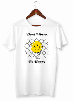 Футболка з оригінальним мотиваційним принтом «don't worry be happy» push it