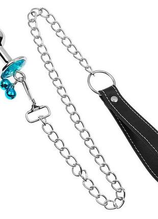 Металлическая анальная пробка с поводком - бирюзовый - 3,4*8,2 см – анальные игрушки